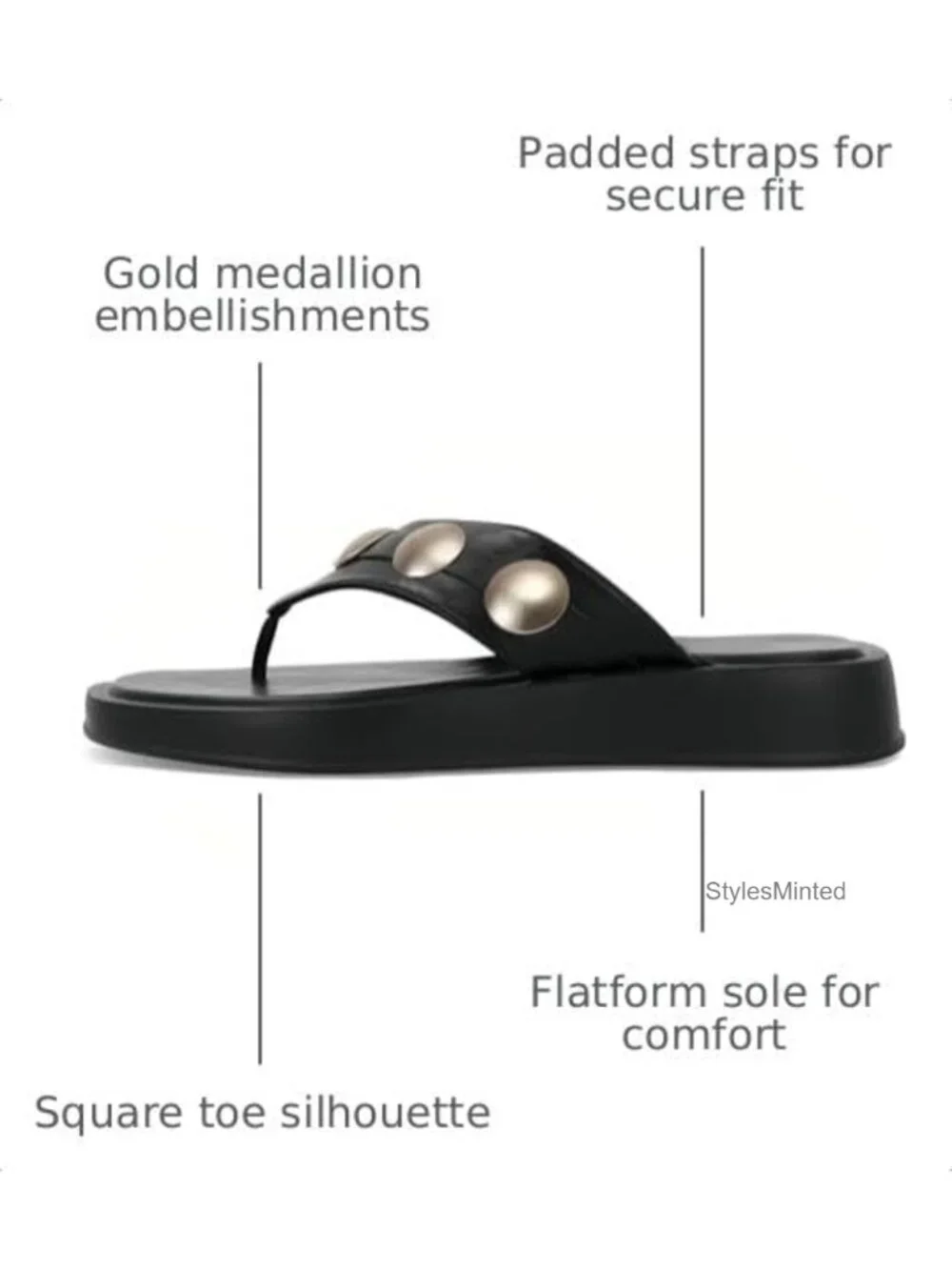 Studded Platform Thong Sandals Square Toe Flip Flop Slip On Summer Casual Faux